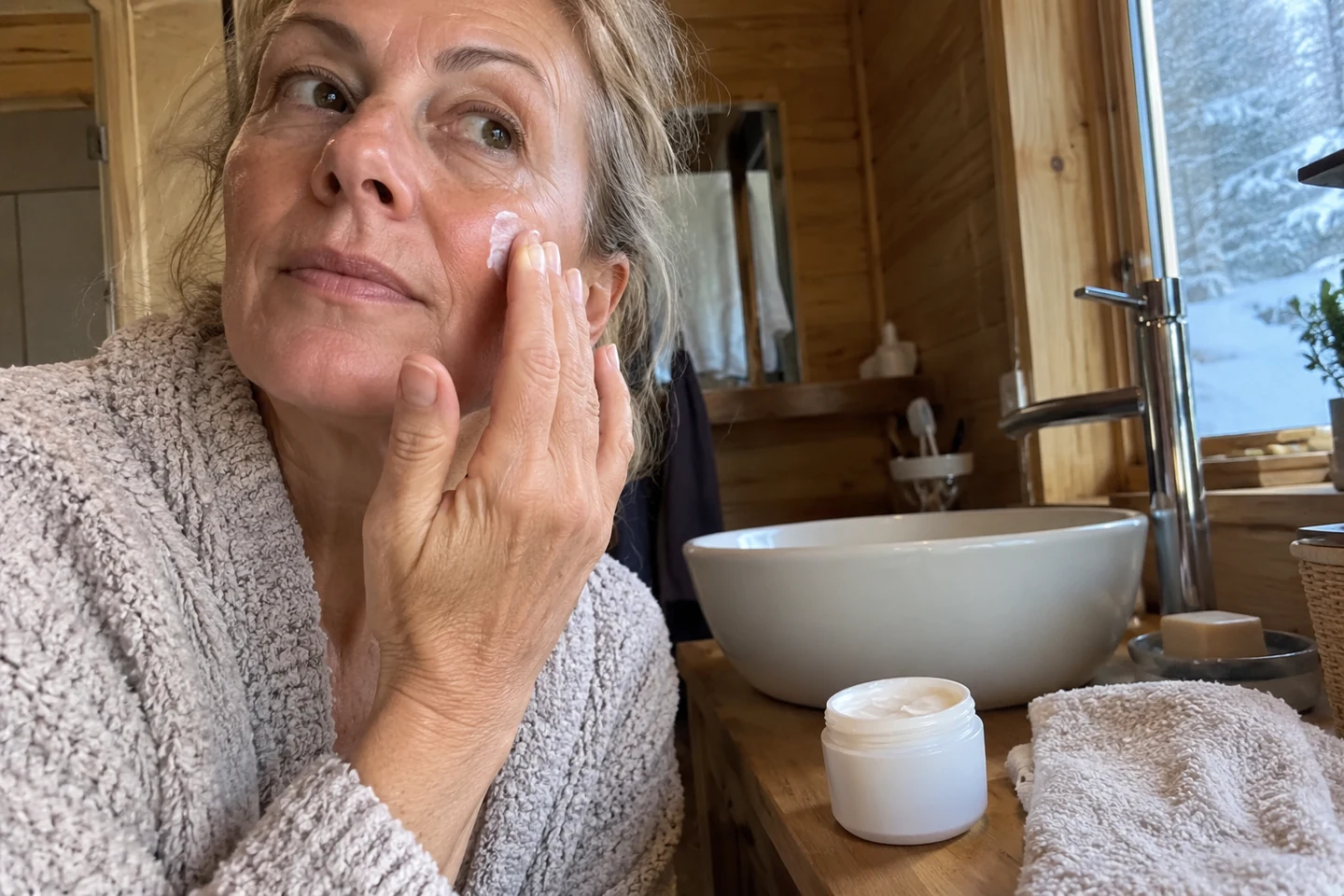 Un soin en pot près d’un lavabo pendant une application douce sur le visage