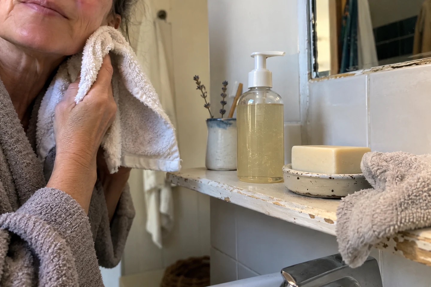 Un linge doux et plusieurs textures de nettoyants près du lavabo