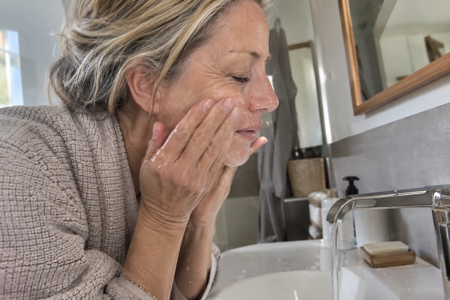 Nettoyage du visage avec les doigts, sans accessoire abrasif