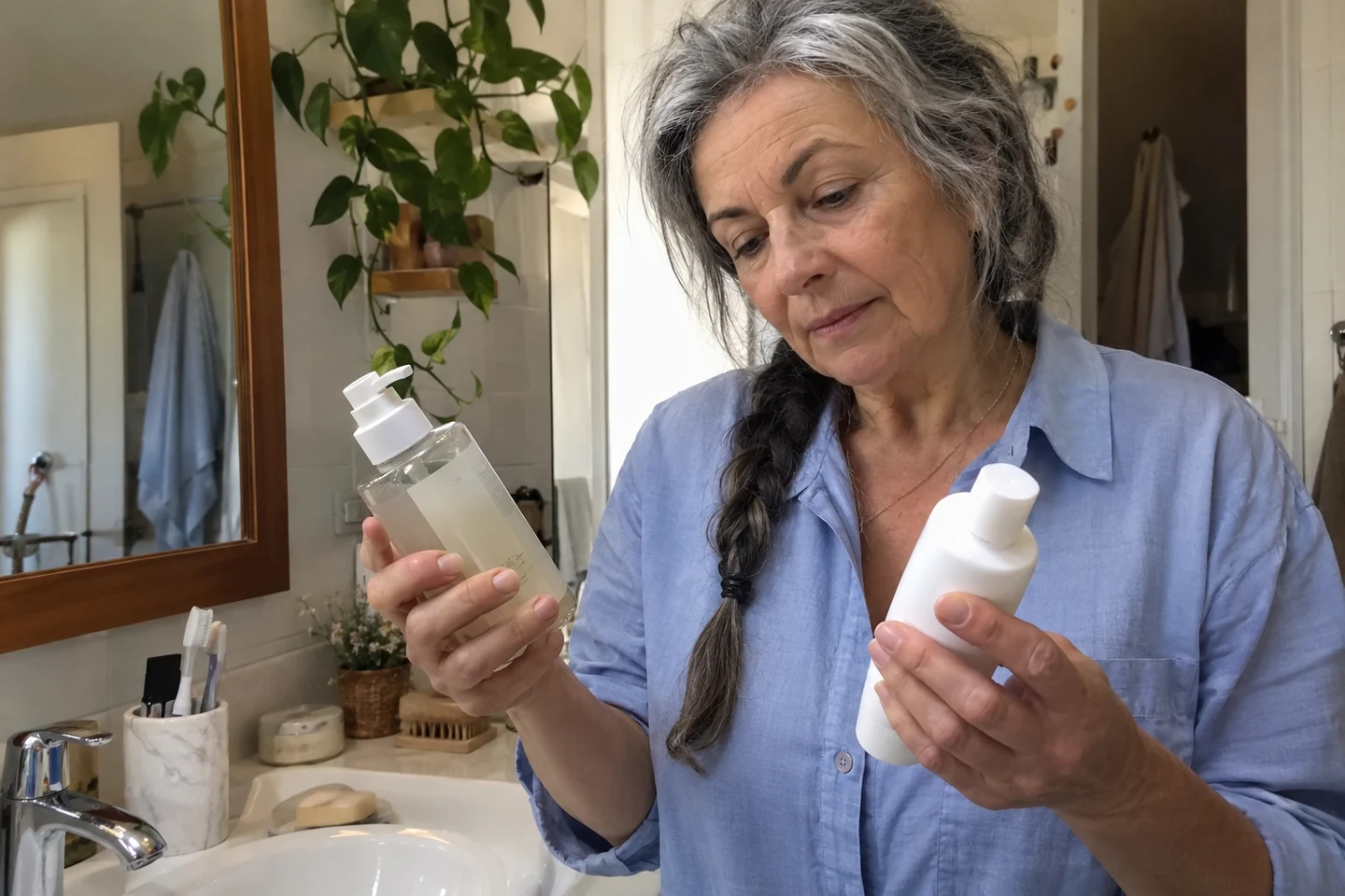 Deux nettoyants sont comparés dans une salle de bain ordinaire