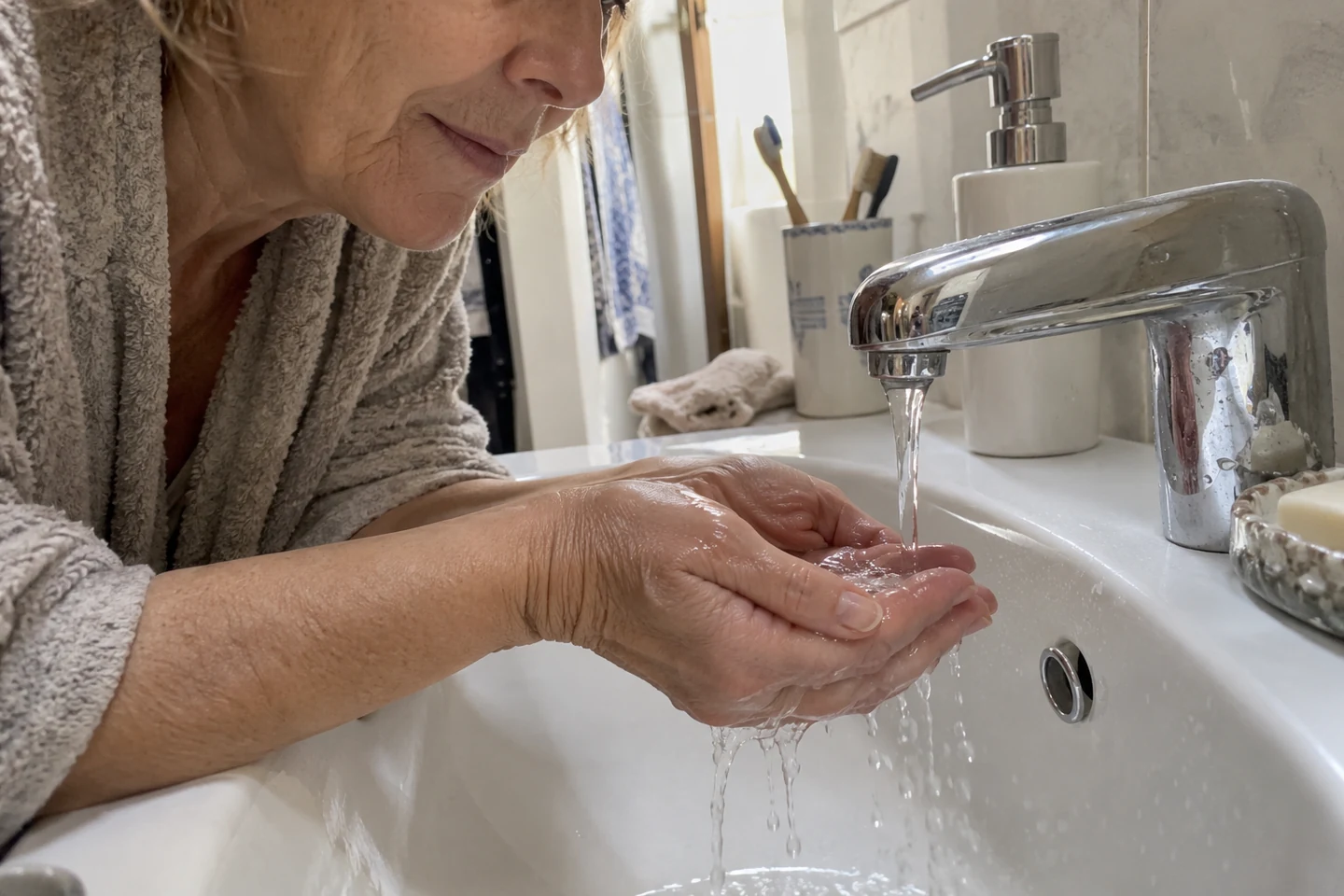 Des mains recueillent de l’eau au lavabo pour le rinçage