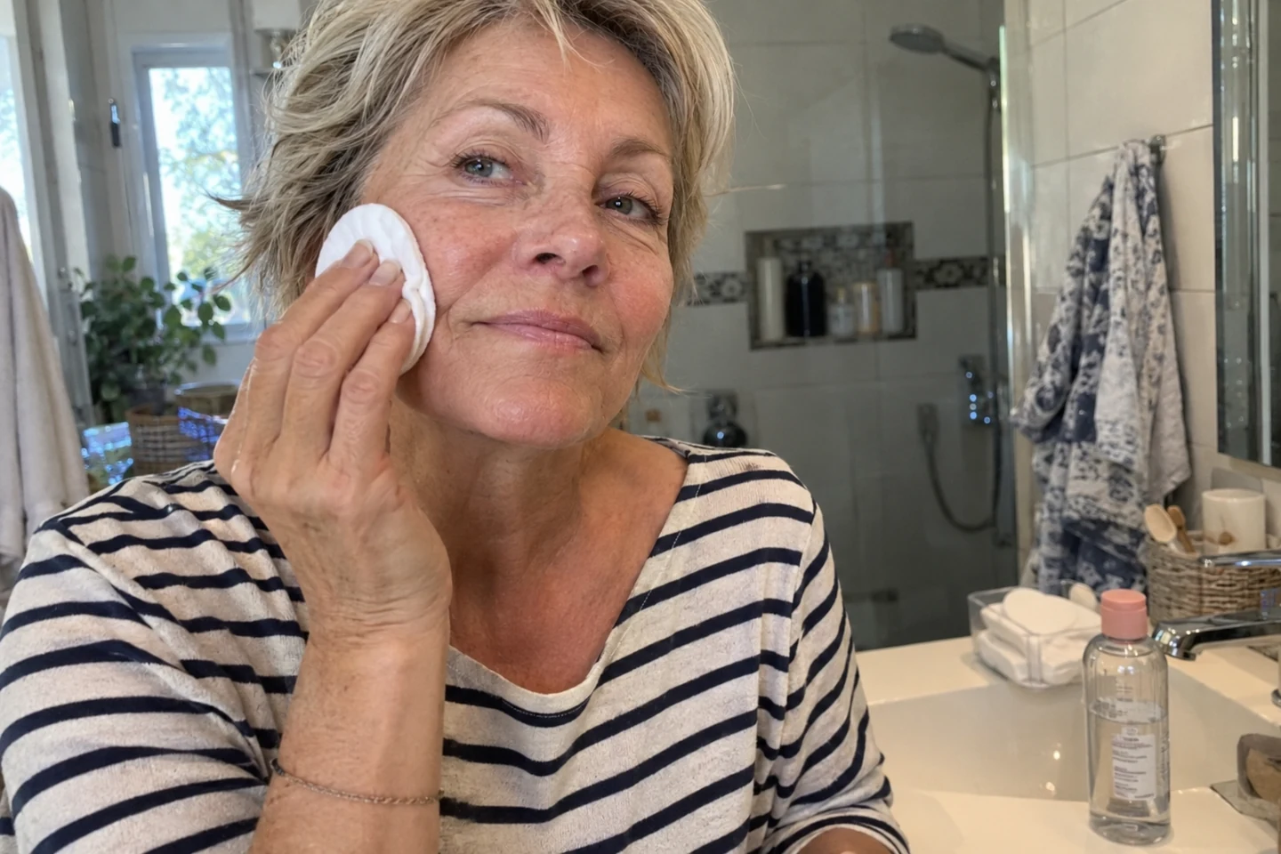 Une femme utilise un disque doux pour démaquiller sa joue