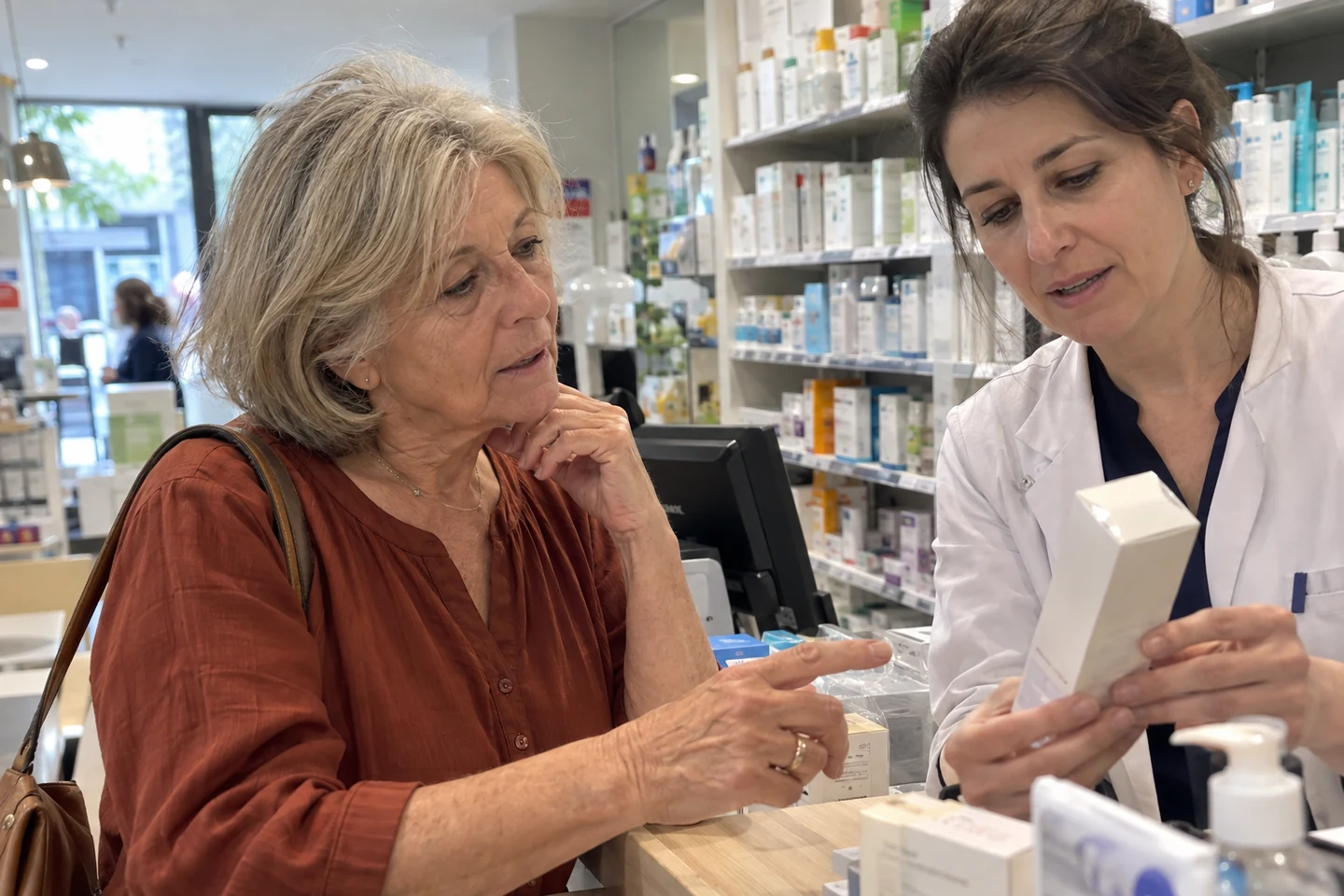 Une femme demande conseil à une pharmacienne avec un produit en main