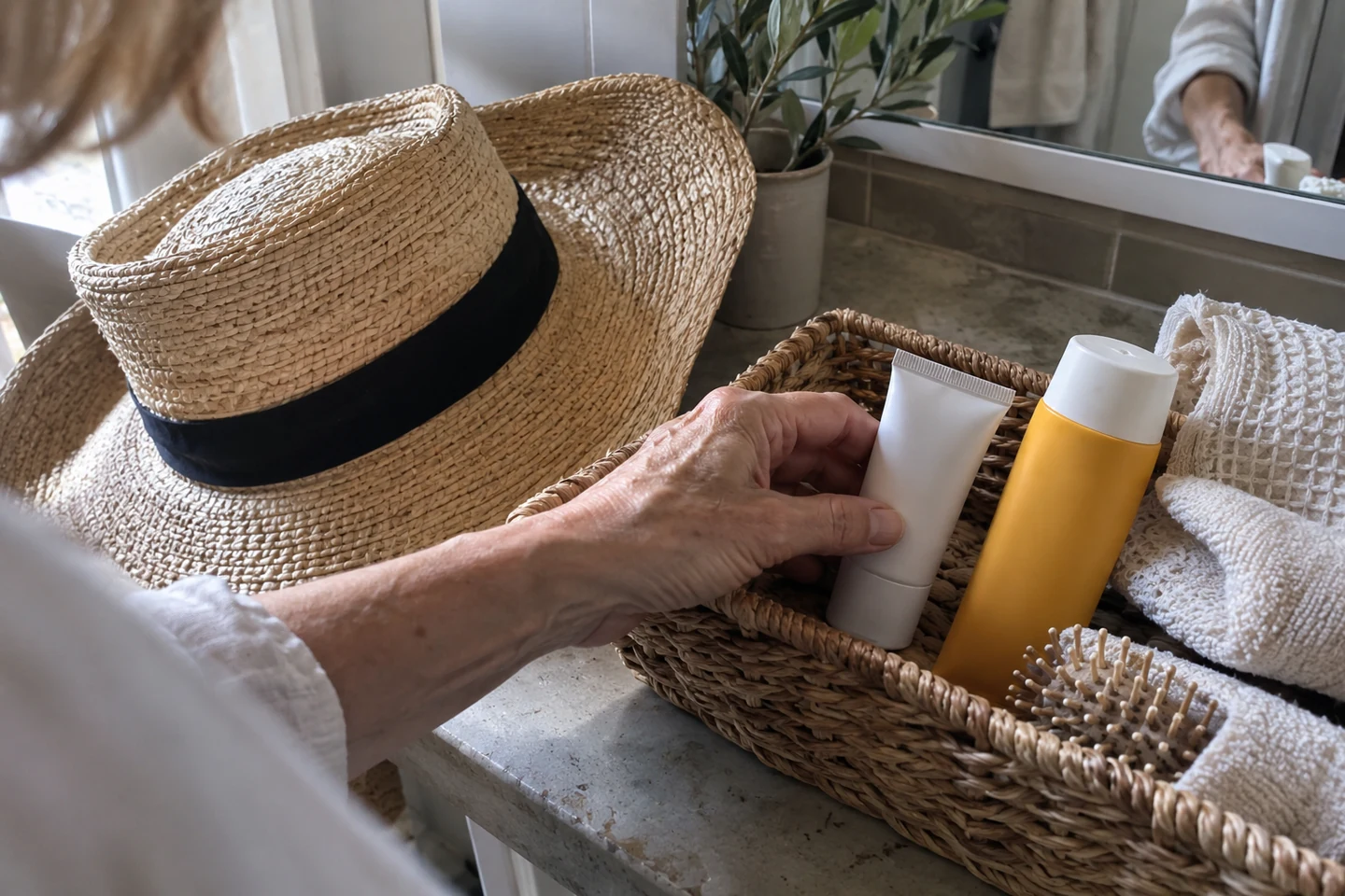 Chapeau et produits de soin préparés dans un panier