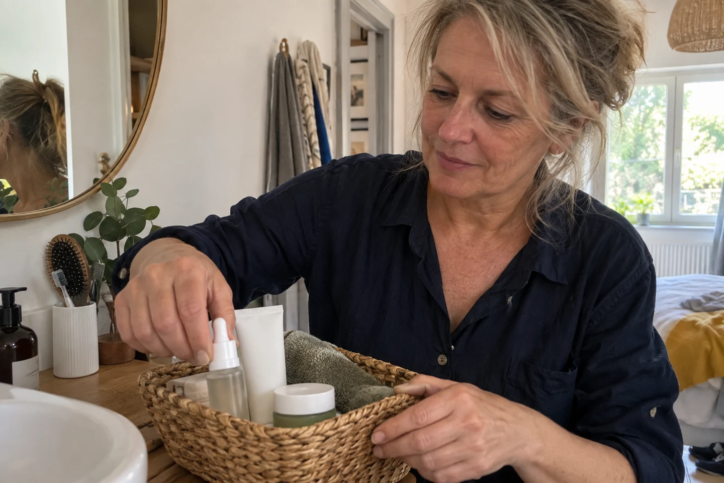 Rangement d’une petite sélection de cosmétiques dans un panier