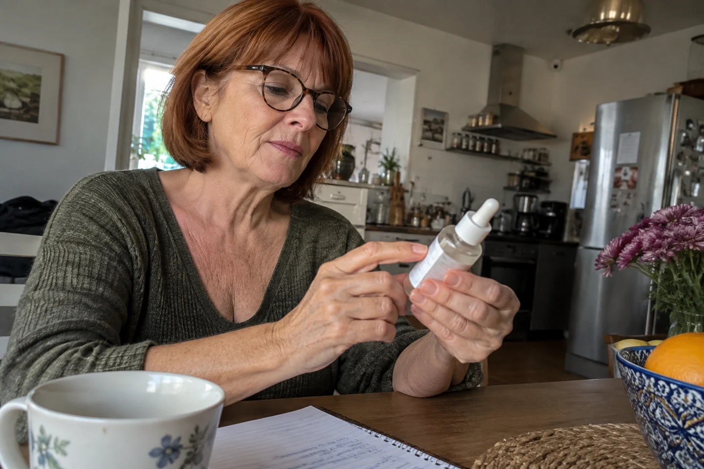 Une femme lit l’étiquette d’un sérum à sa table