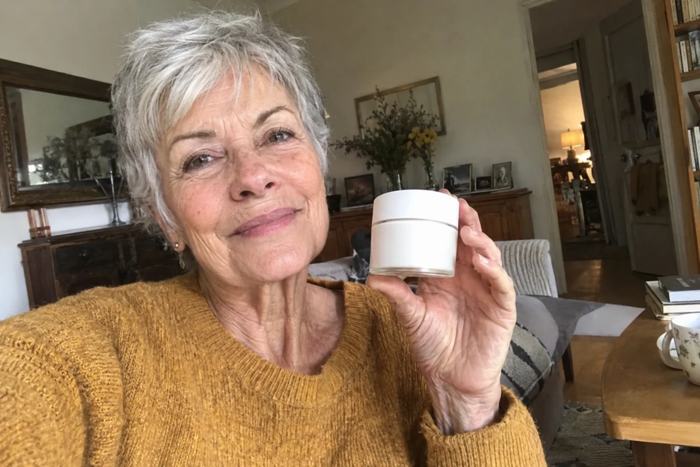 Une femme tient un pot de crème dans son salon