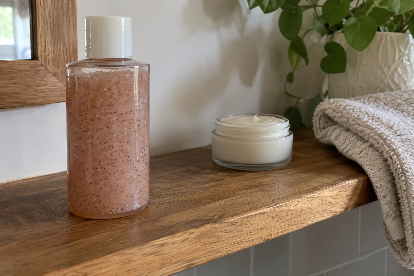 Un produit à grains placé séparément d’une crème et d’un linge doux