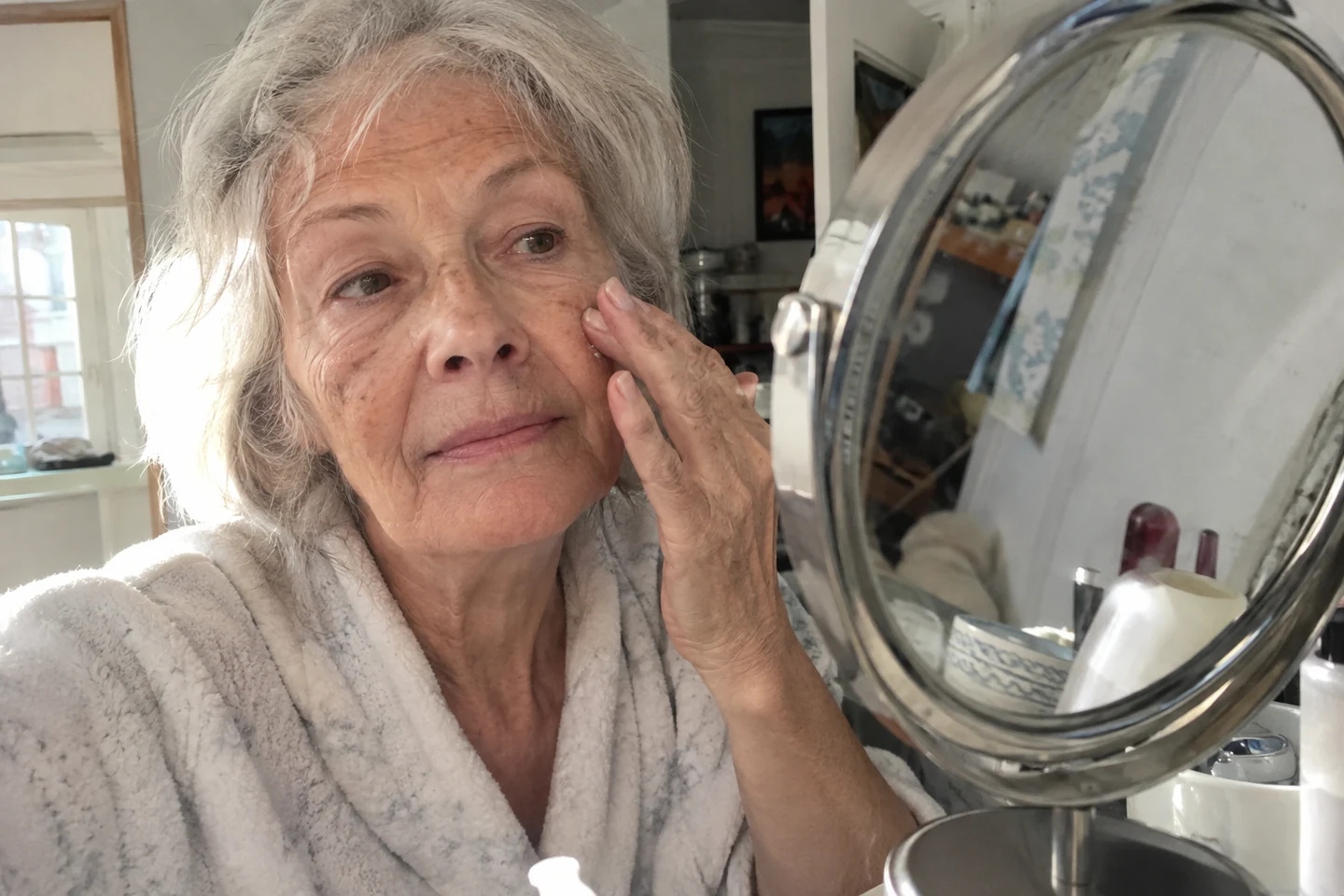Observation du visage dans un miroir avant de choisir un geste