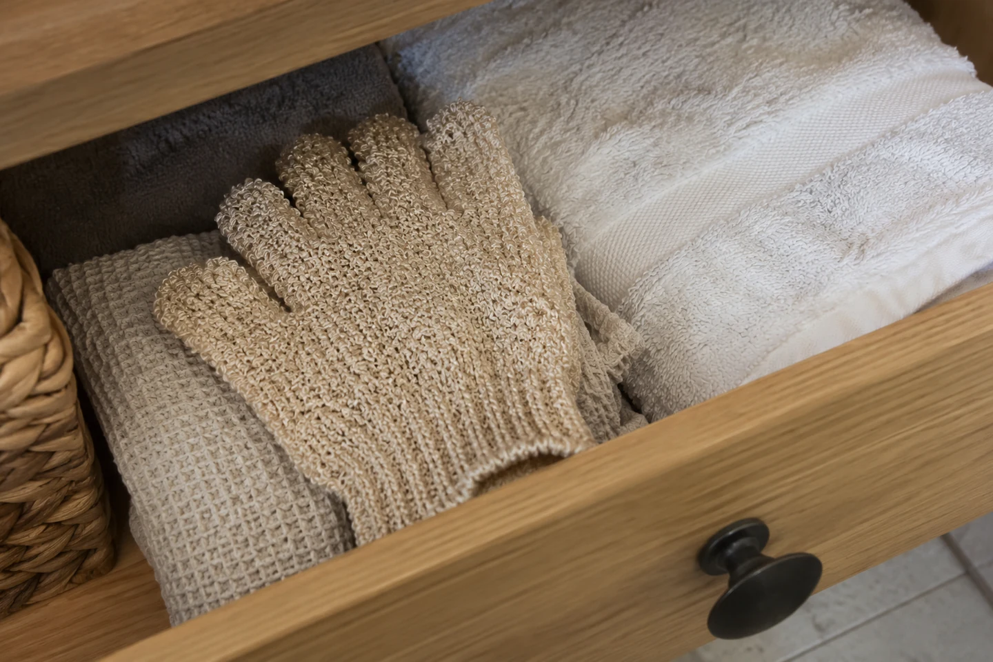 Un gant exfoliant rangé à côté d’une serviette douce