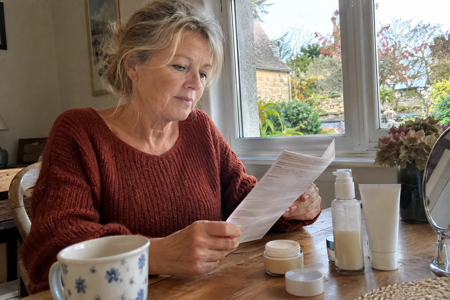 Lecture attentive d’une notice de cosmétique près d’une fenêtre