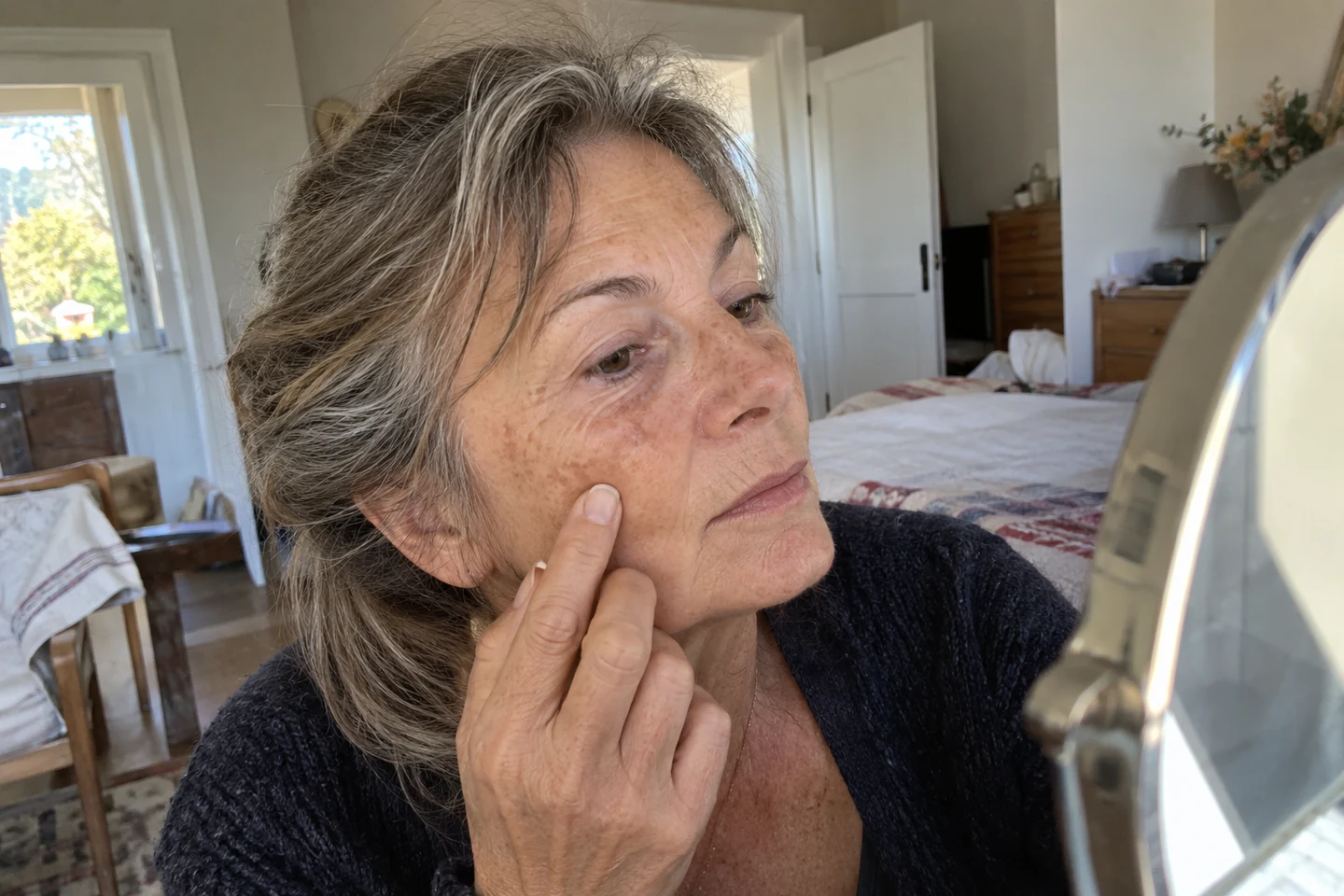 Une femme observe une zone pigmentée de sa joue dans un miroir