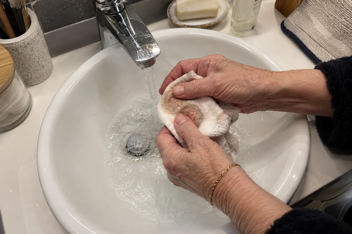 Rinçage d’un disque réutilisable au-dessus du lavabo