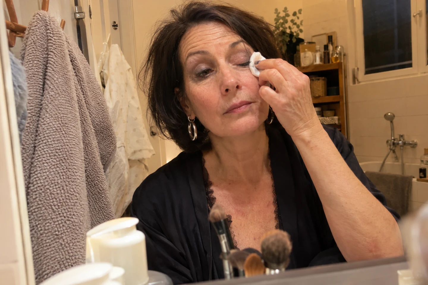 Une femme retire son maquillage du soir avec un disque doux
