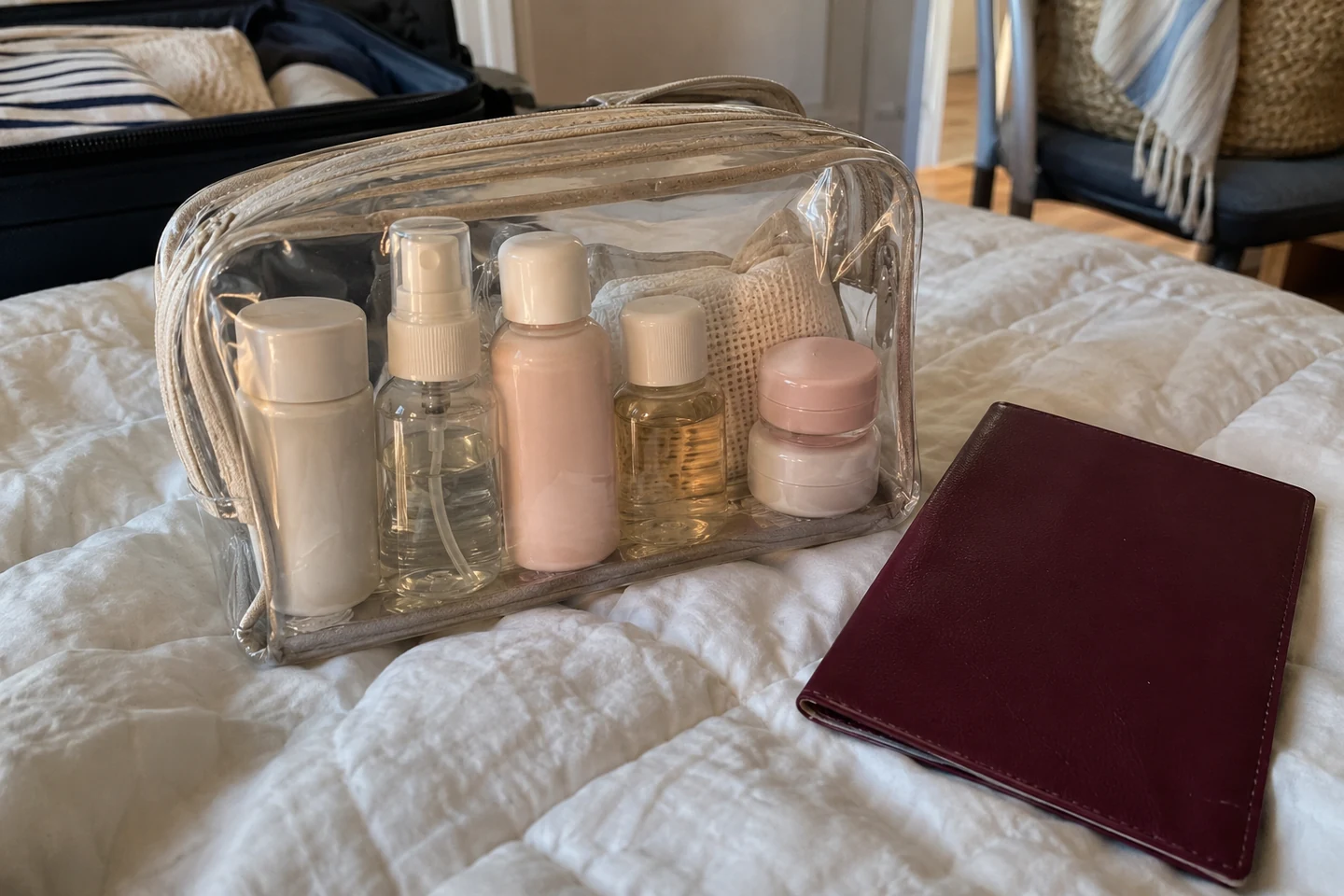 Petits formats de cosmétiques réunis dans une pochette transparente