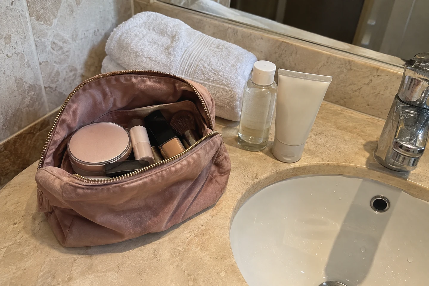 Une trousse compacte posée près du lavabo d’un hébergement