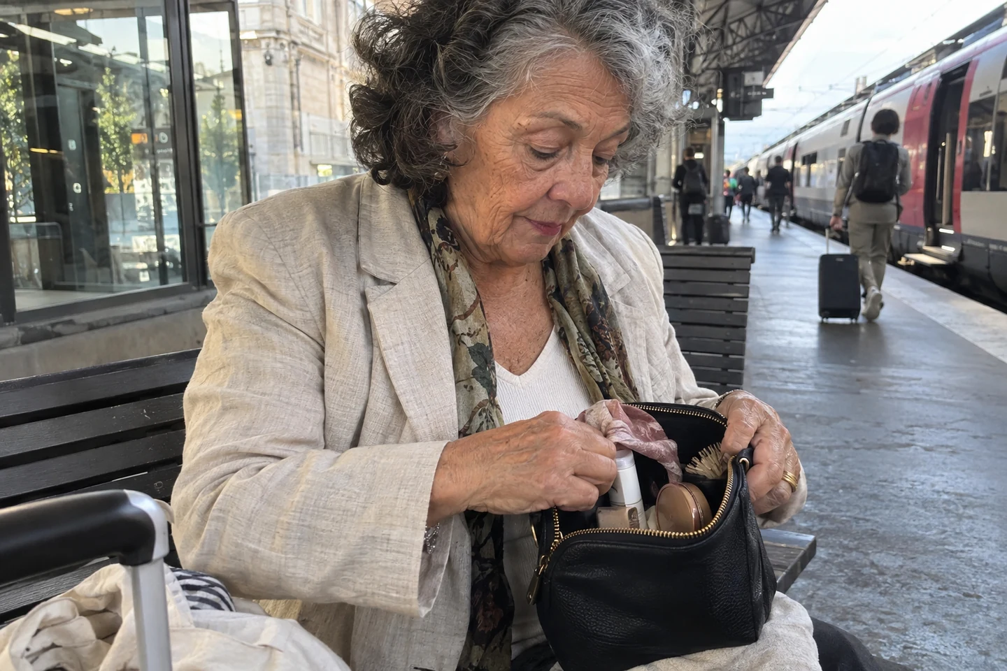Une femme retrouve ses indispensables dans son sac à la gare