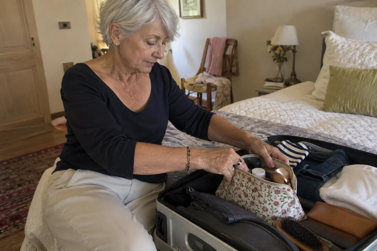 Préparation d’une petite trousse beauté dans une valise ouverte