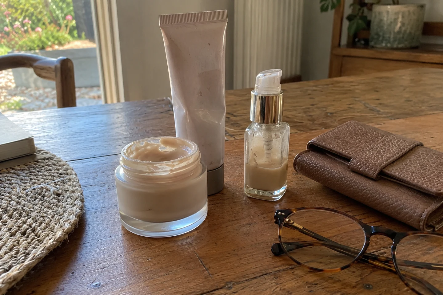 Quelques soins habituels, des lunettes et un portefeuille sur une table