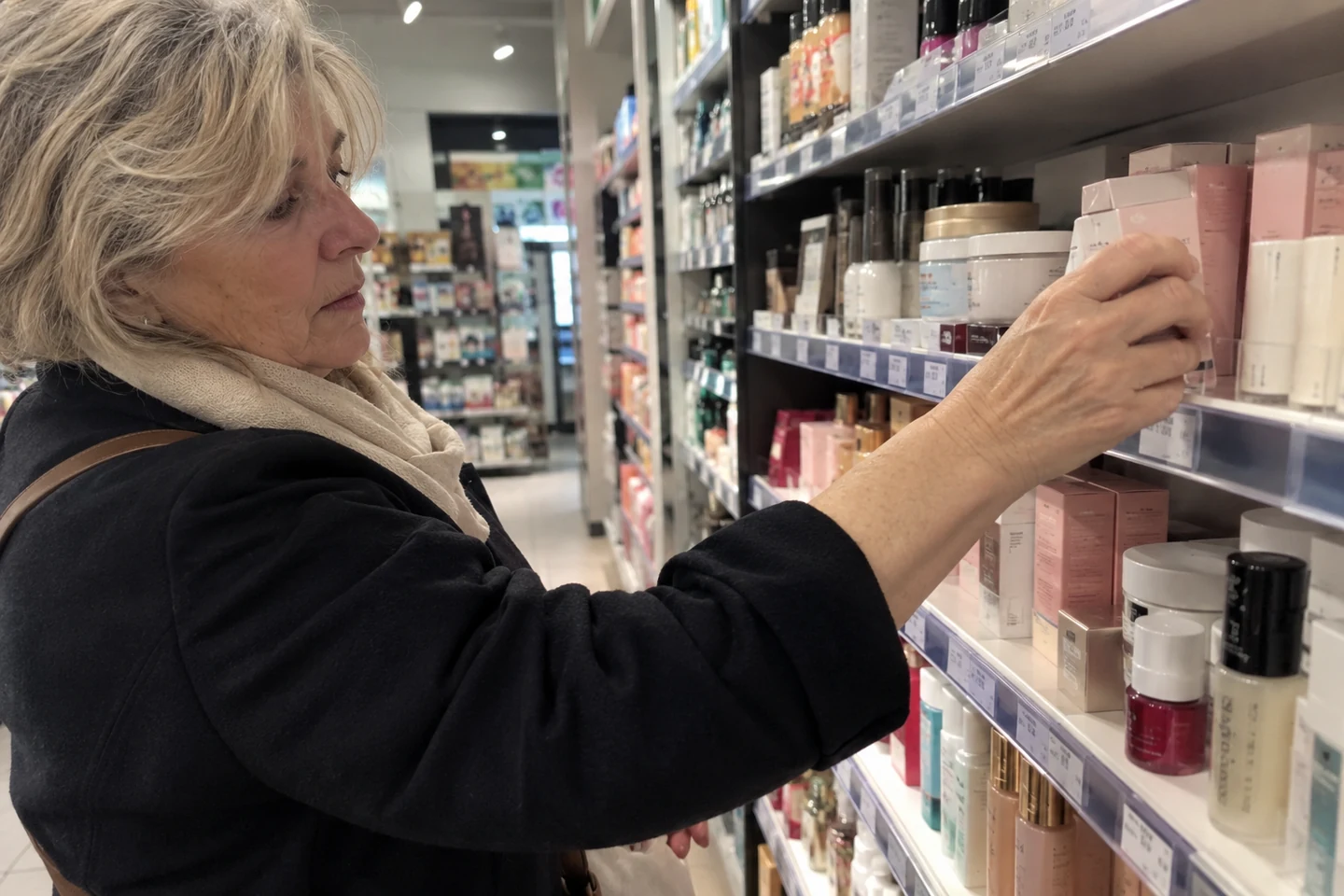 Une femme examine un emballage au rayon cosmétique