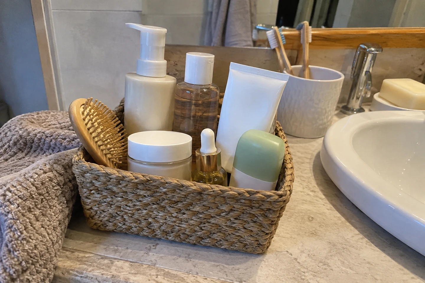 Une petite sélection de produits rangés dans une corbeille près du lavabo