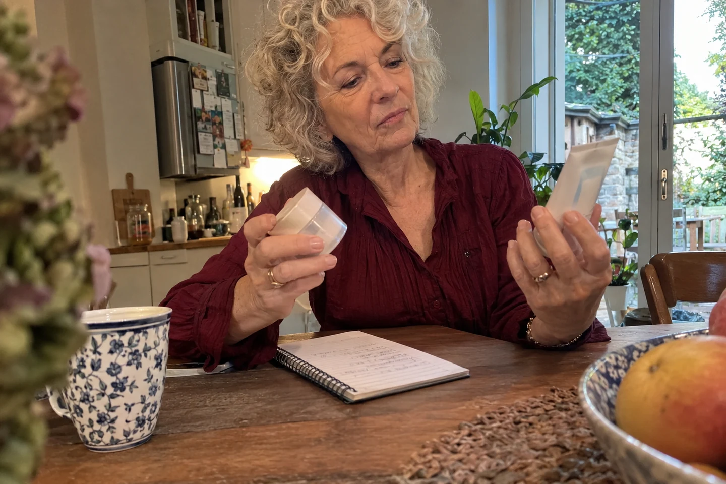 Une femme compare deux soins au-dessus de son carnet sur la table