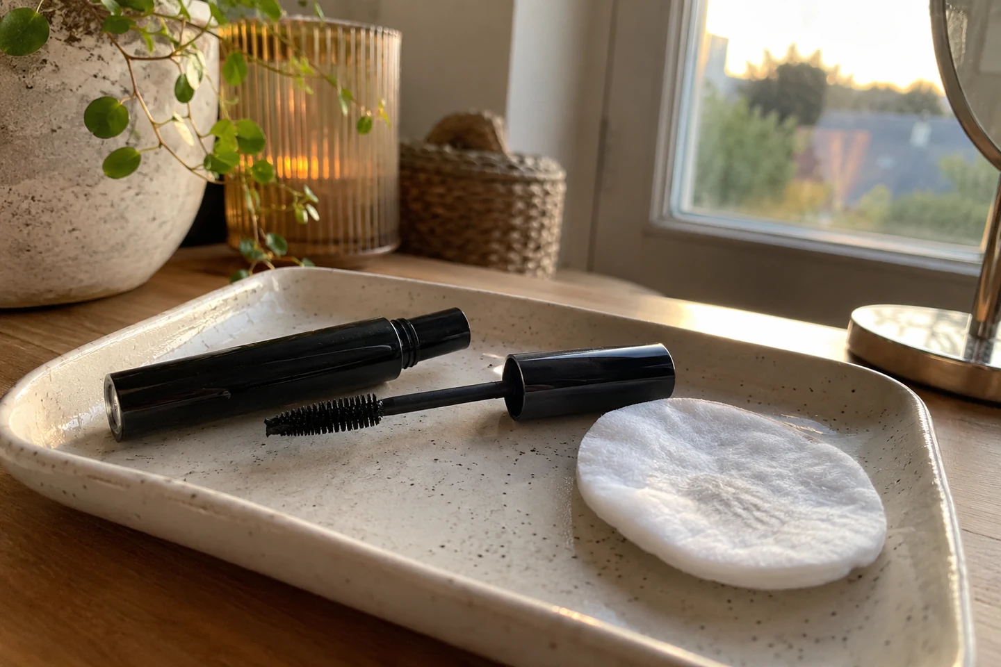 Un mascara ouvert et un disque propre sur un petit plateau