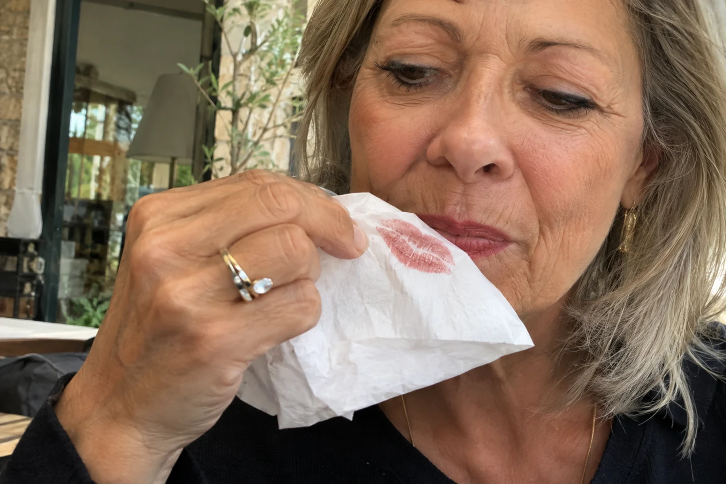 Une femme retire l’excédent de rouge à lèvres avec un mouchoir
