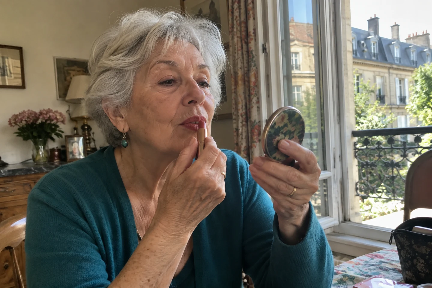 Une femme ajuste sa couleur de lèvres à l’aide d’un miroir de poche