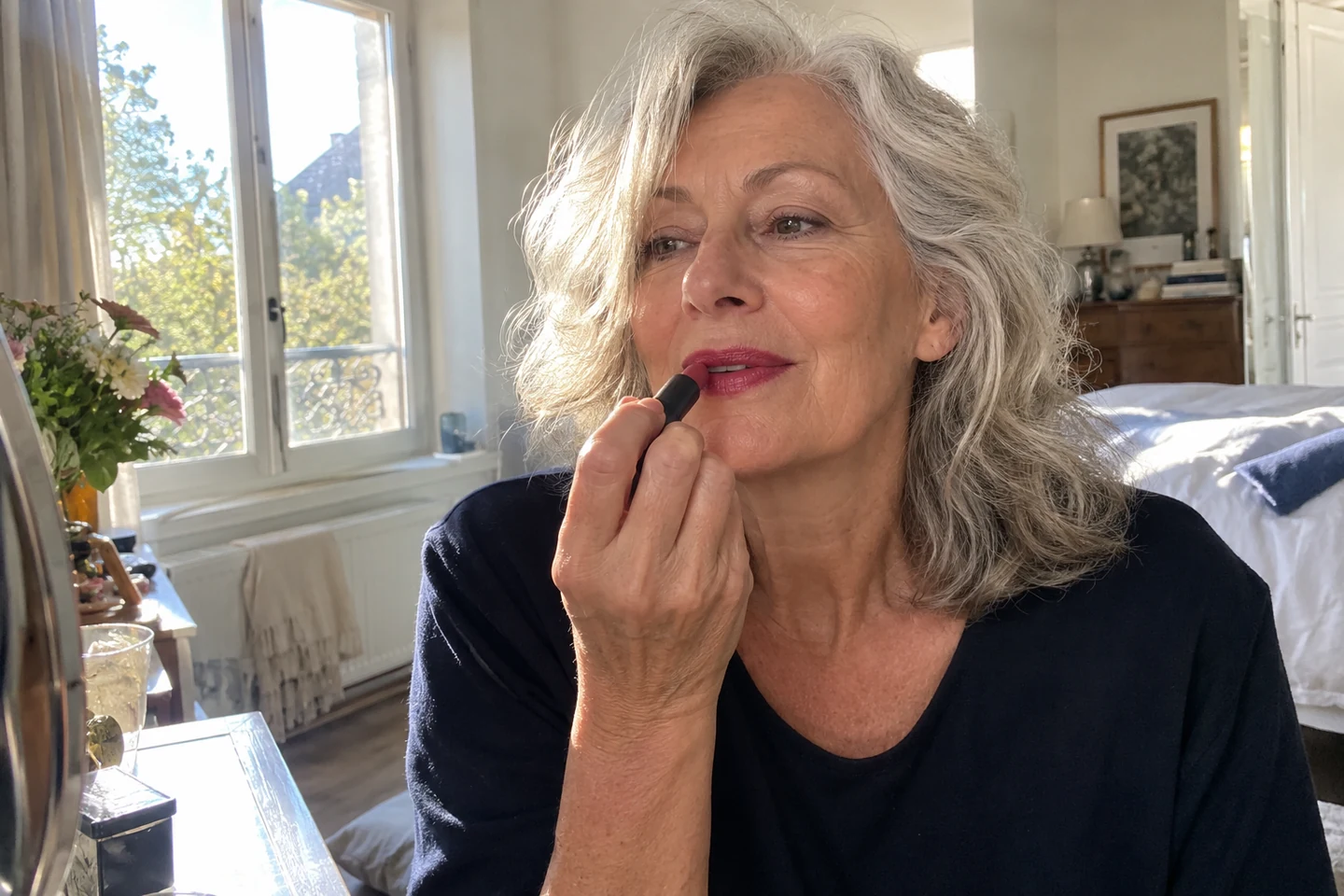 Une femme applique un rouge à lèvres devant un miroir