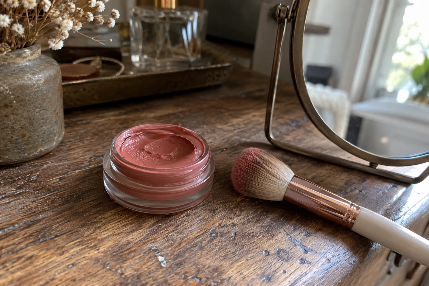Un blush crème rosé et un pinceau sur une table en bois