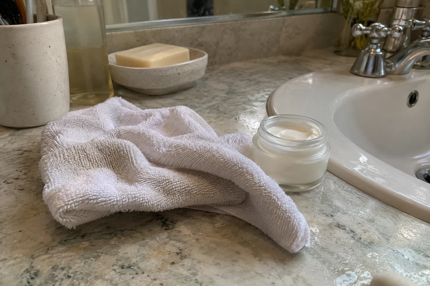 Une serviette douce et un soin près du lavabo