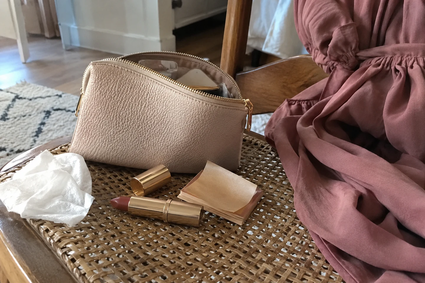Une petite trousse de retouche, un rouge à lèvres et un mouchoir près d’une tenue