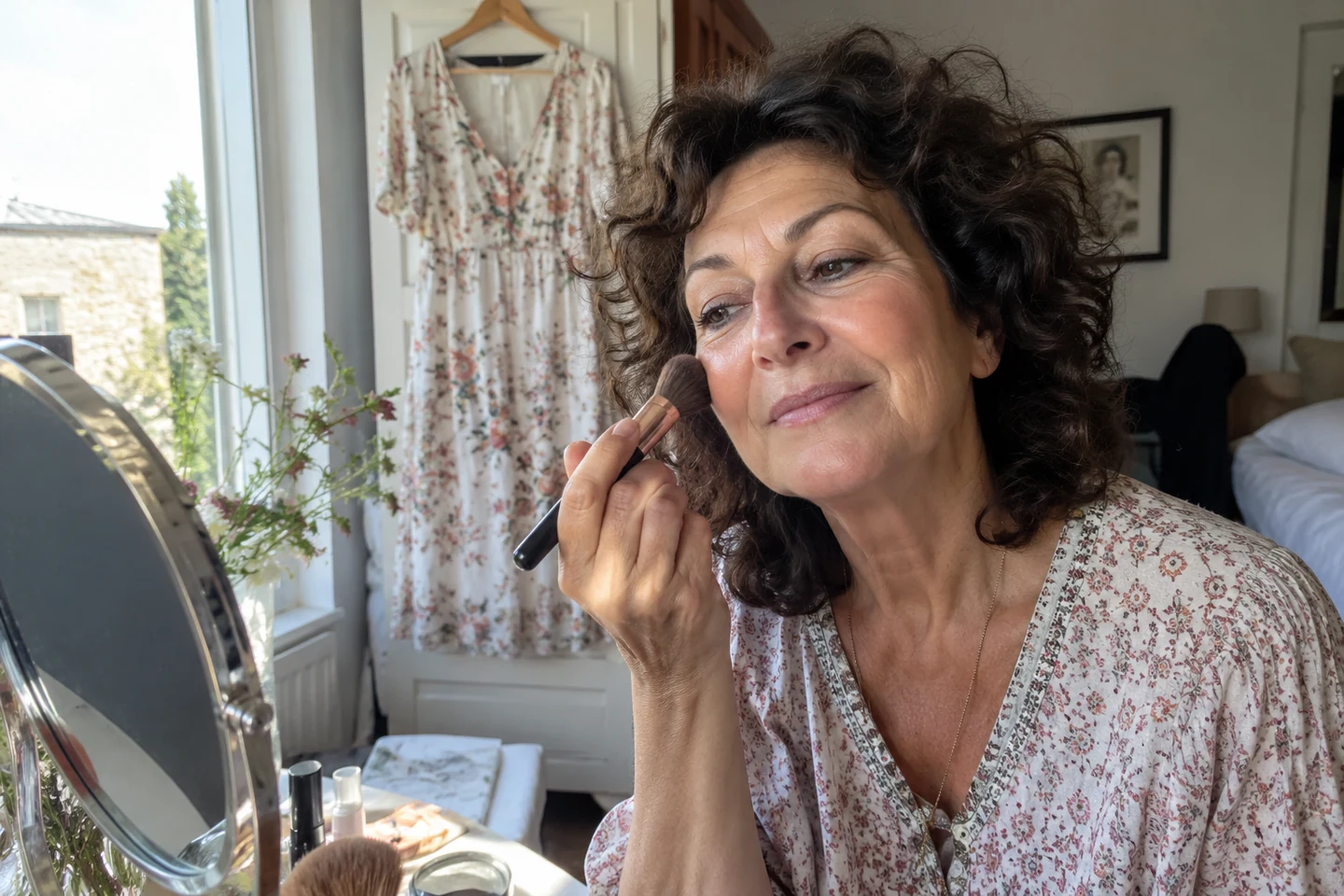 Une femme applique son maquillage dans la lumière d’une fenêtre