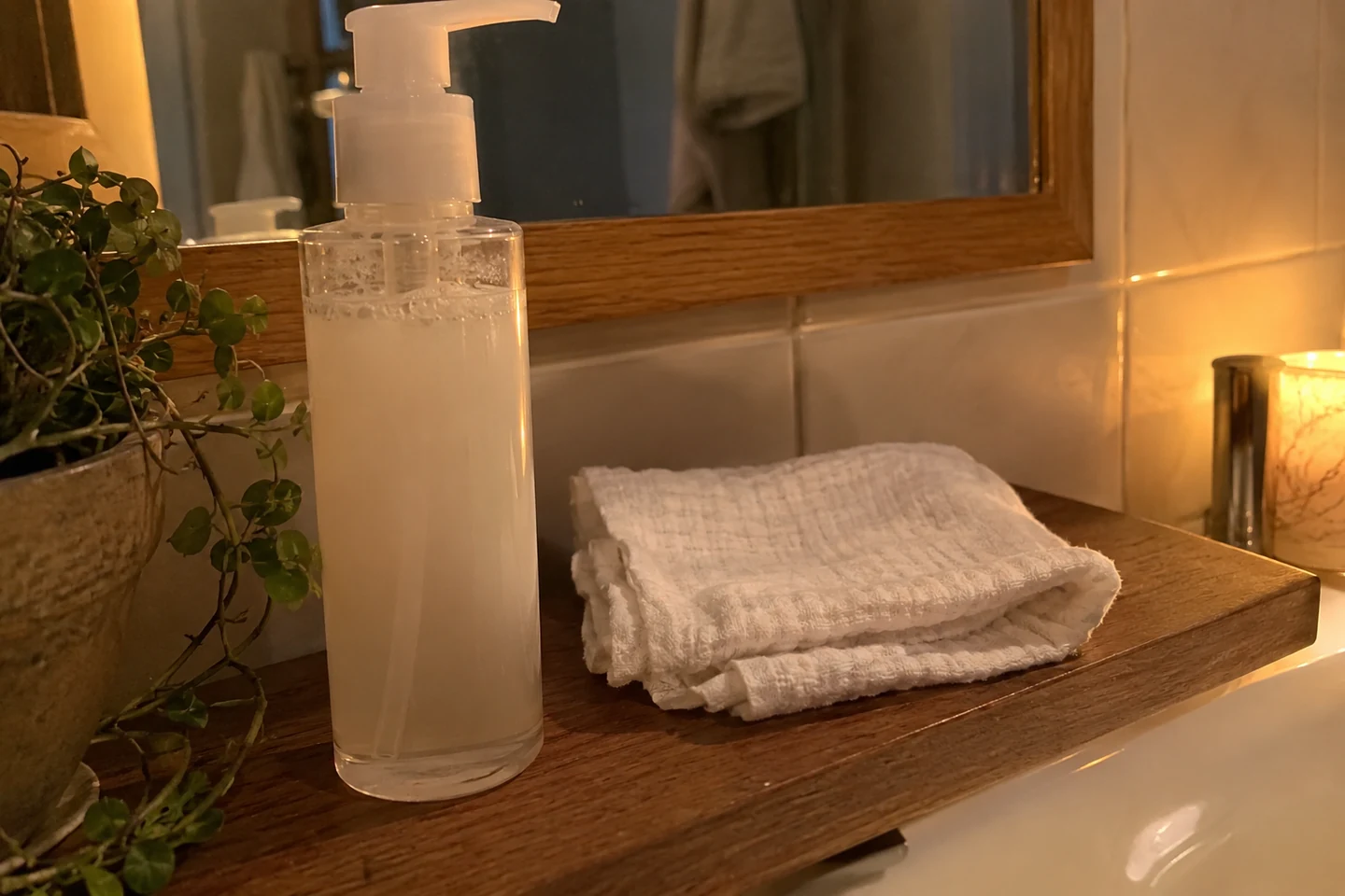 Un nettoyant et un linge propre préparés près du lavabo le soir