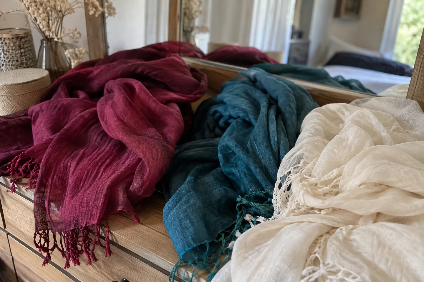 Des foulards bordeaux, bleu et crème disposés sur une coiffeuse