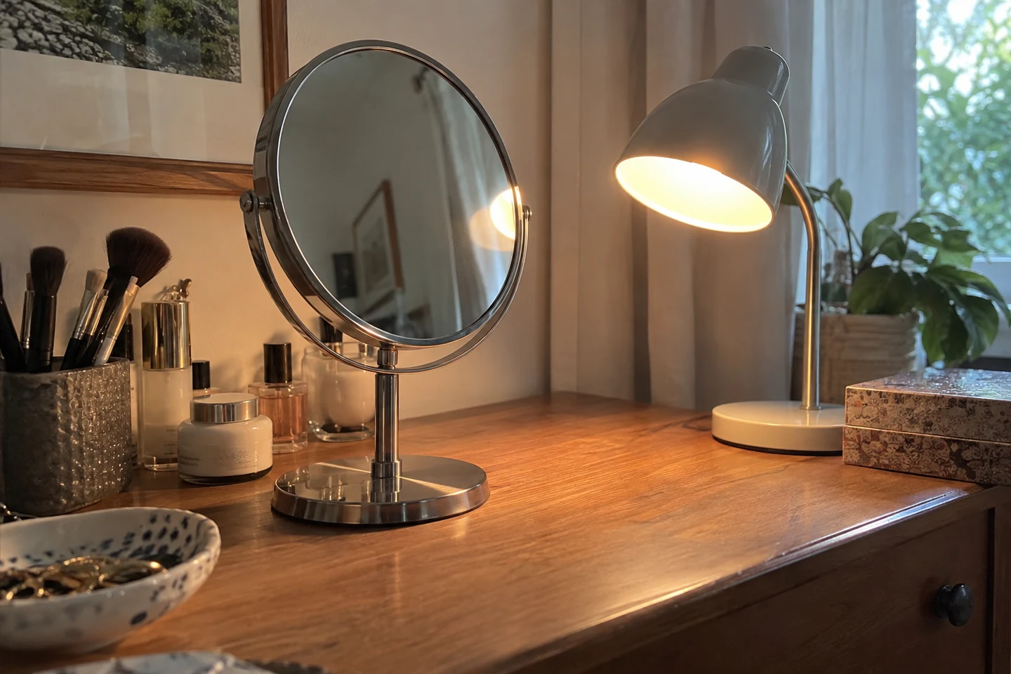 Un miroir, une lampe et des pinceaux sur une coiffeuse