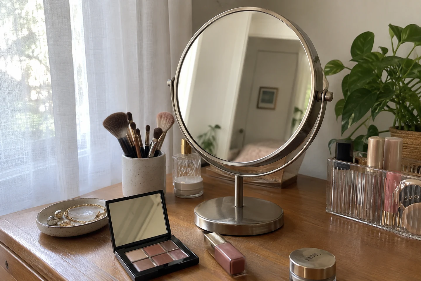 Un miroir stable devant un voilage, avec les accessoires rangés autour