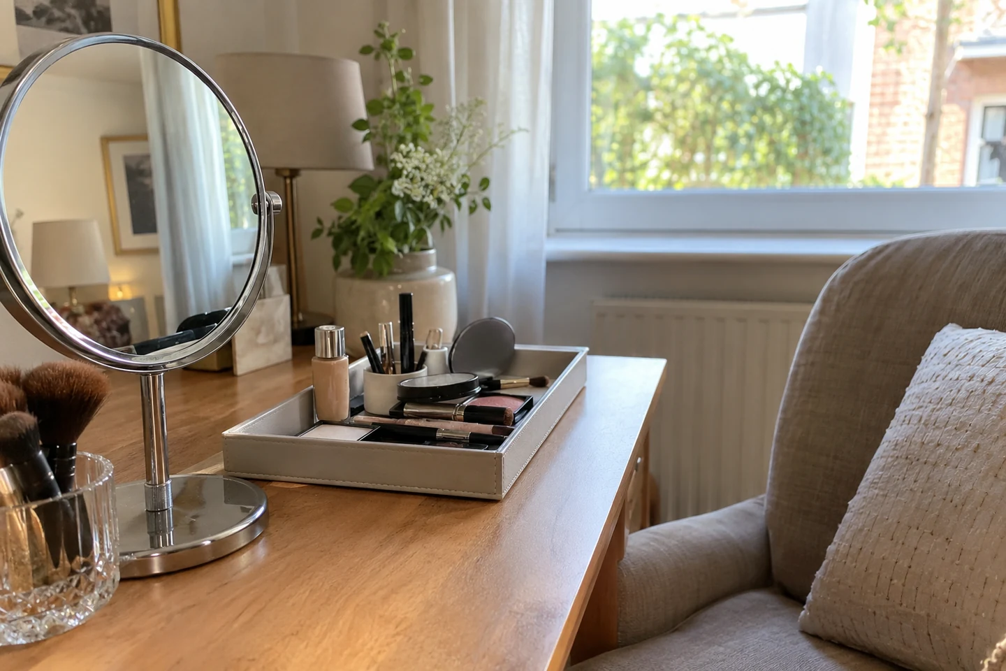 Un espace de maquillage dégagé avec une chaise et un plateau de produits