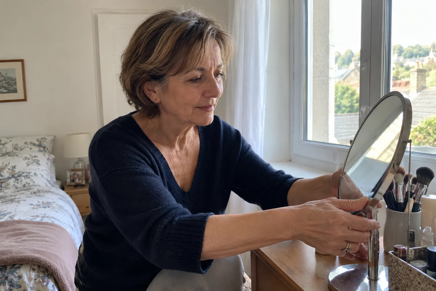 Une femme ajuste un miroir de table près de sa fenêtre