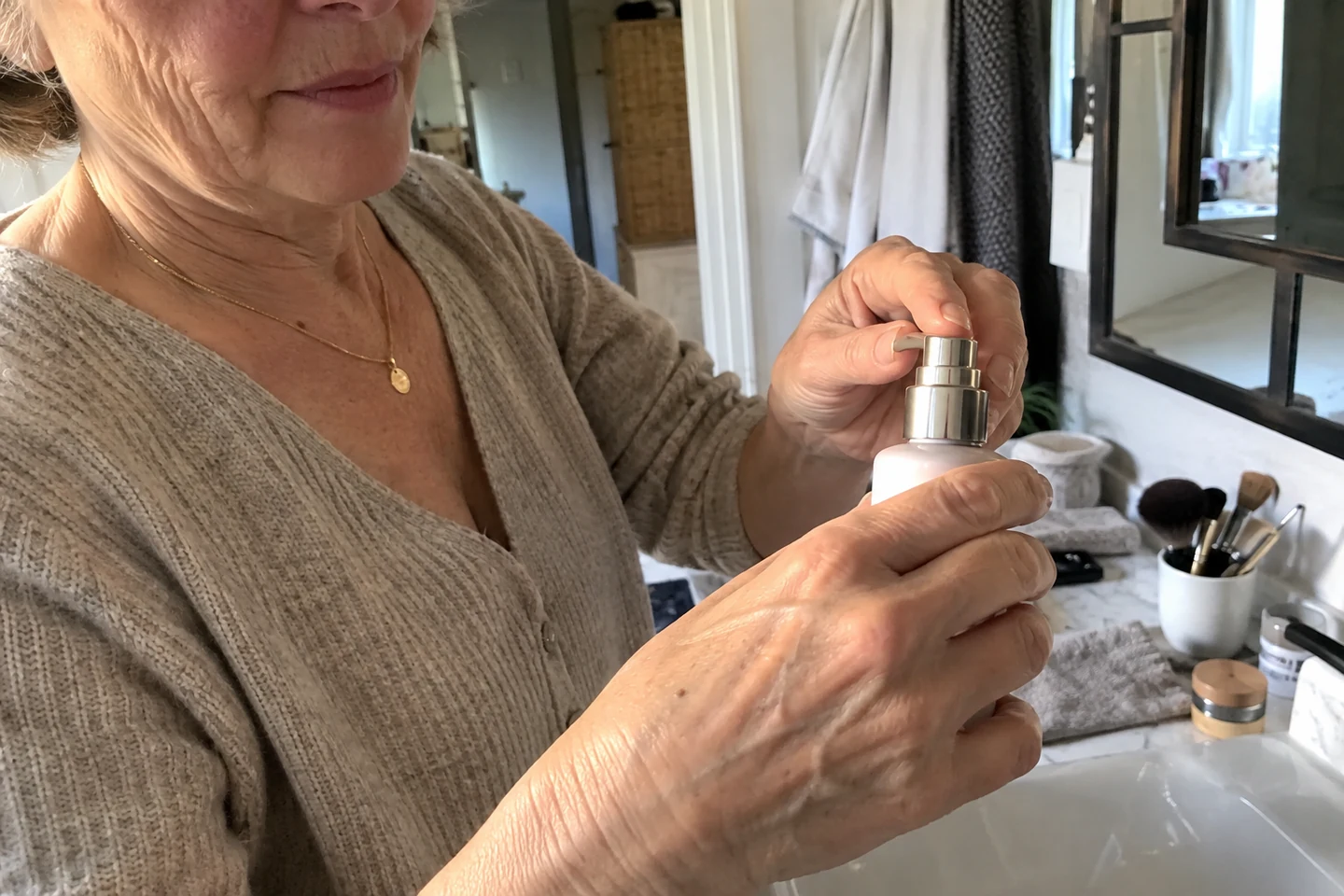 Une femme tient un flacon et appuie sur sa pompe