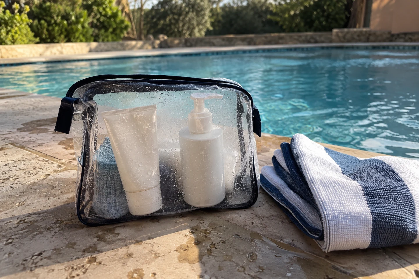 Une trousse de produits simples et une serviette près d’un bassin