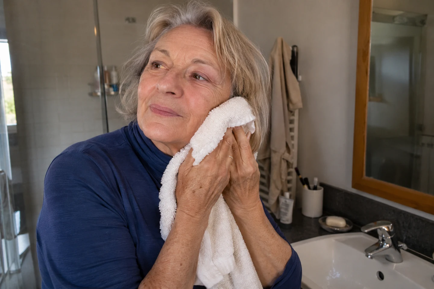 Une femme sèche doucement son visage avec un linge propre près du lavabo