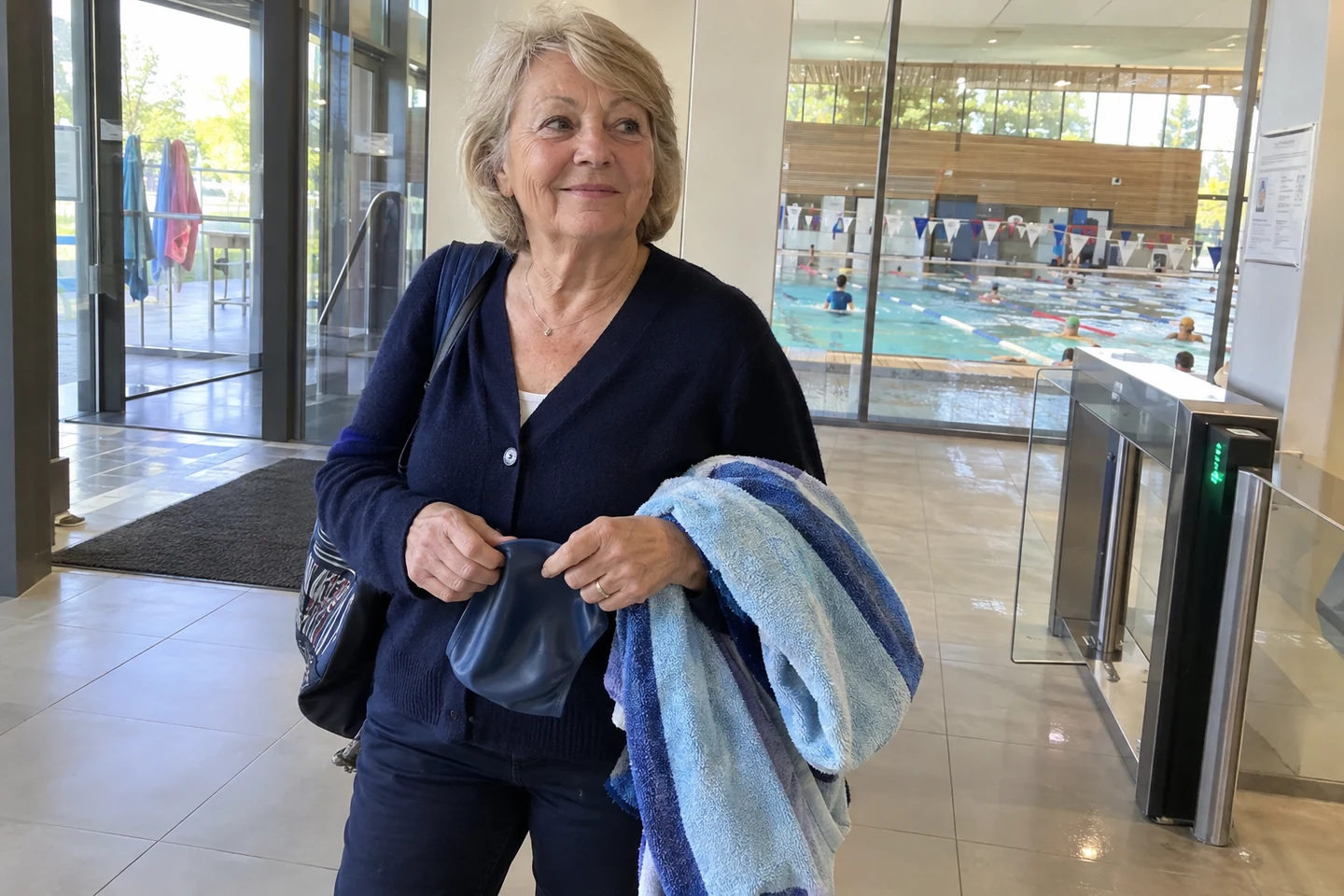Une femme tient sa serviette et son bonnet à l’entrée de la piscine