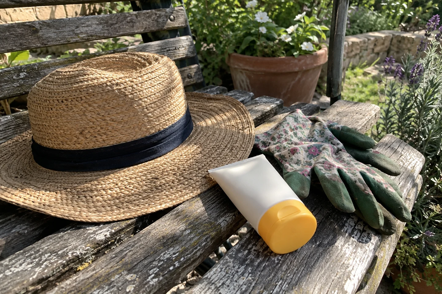 Un chapeau, des gants de jardinage et un tube solaire sur un banc