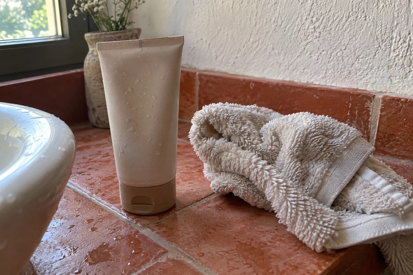 Un tube de soin et un linge propre près du lavabo