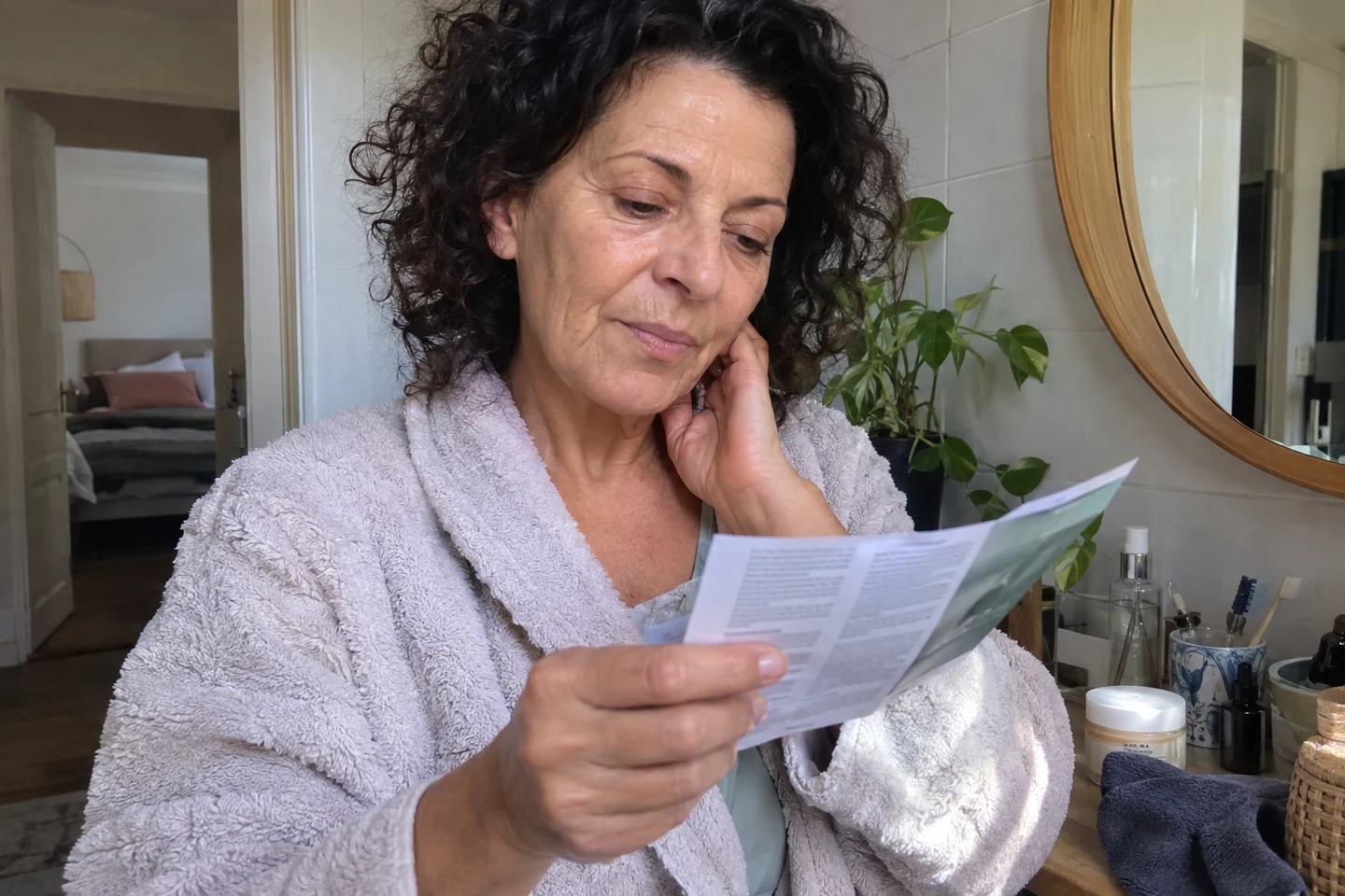 Une femme lit la notice d’un produit avant de l’utiliser