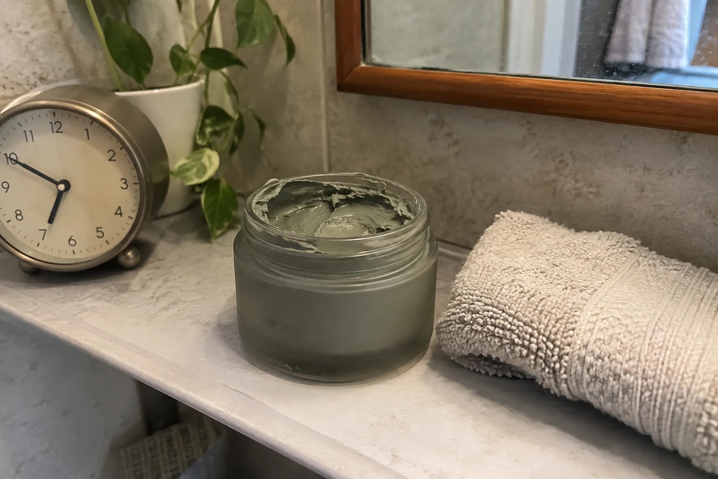 Un masque en pot, une horloge et une serviette sur une étagère