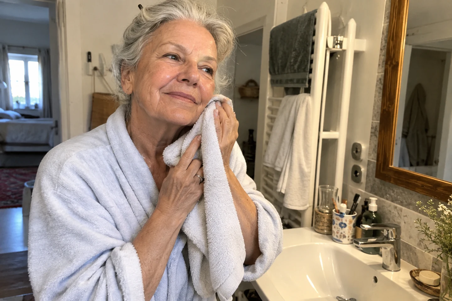 Une femme retire doucement son soin avec un linge près du lavabo