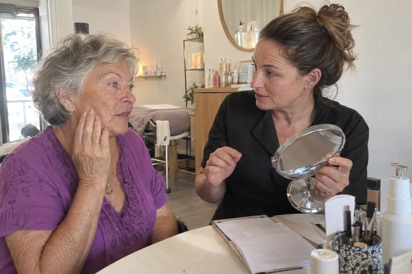 Deux femmes discutent d’un geste du visage avec un miroir sur la table